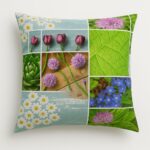 Square pillow with colorful floral photo print.