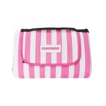 Foldable picnic blanket with pink and white stripes